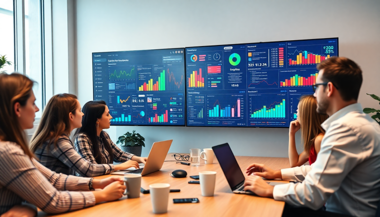Marketing team using AI data visualization tool with AI-powered dashboards and cross-channel visualization for automated marketing analytics and campaign performance insights.