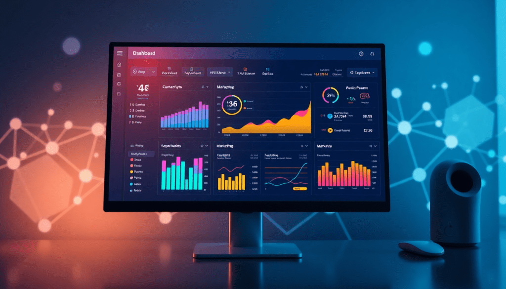 Marketing dashboard automation showcasing AI-powered dashboard creation, real-time marketing analytics, and multi-channel data aggregation on a computer screen.