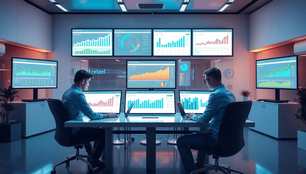 Two professionals analyzing data on screens displaying performance marketing reporting software, automated campaign reporting, ad spend optimization dashboard, ROAS tracking platform, and digital advertising insights in an office setting.