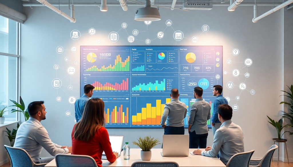 Marketing team utilizing an AI data visualization tool for automated insight generation, featuring interactive data reports and AI-powered dashboards displaying real-time marketing metrics for cross-channel visualization and campaign performance insights.