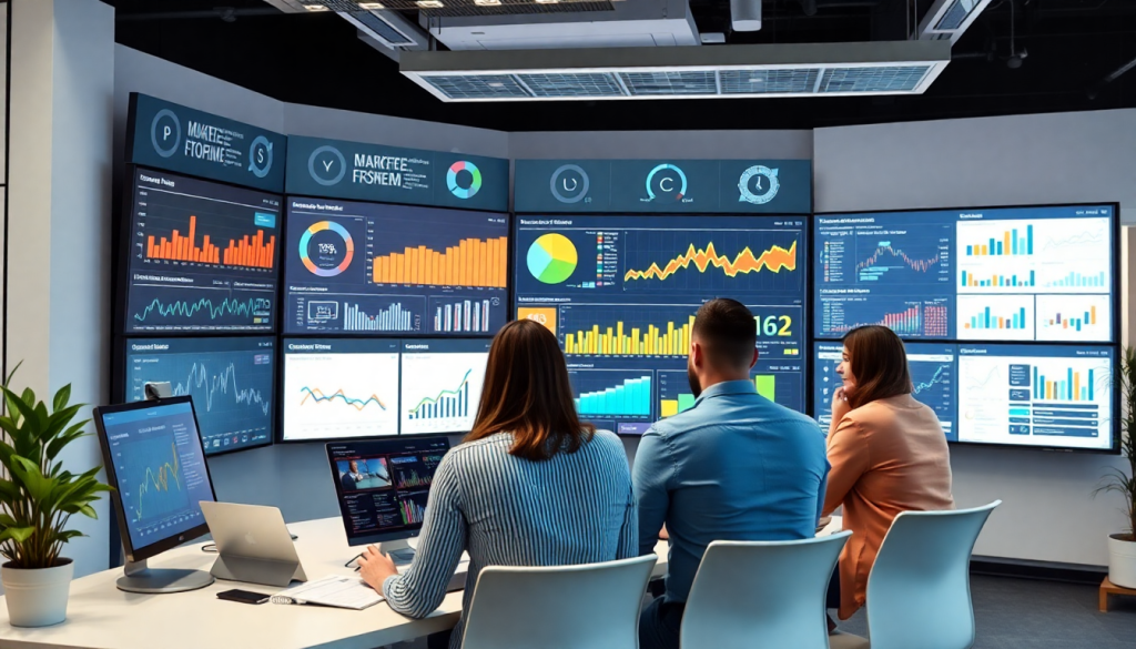 Collaborative team reviewing a marketing analytics dashboard on multiple screens for agency reporting automation, highlighting automated performance reports, client dashboard insights, and cross-channel analytics with a focus on digital marketing data visualization and performance marketing KPIs.