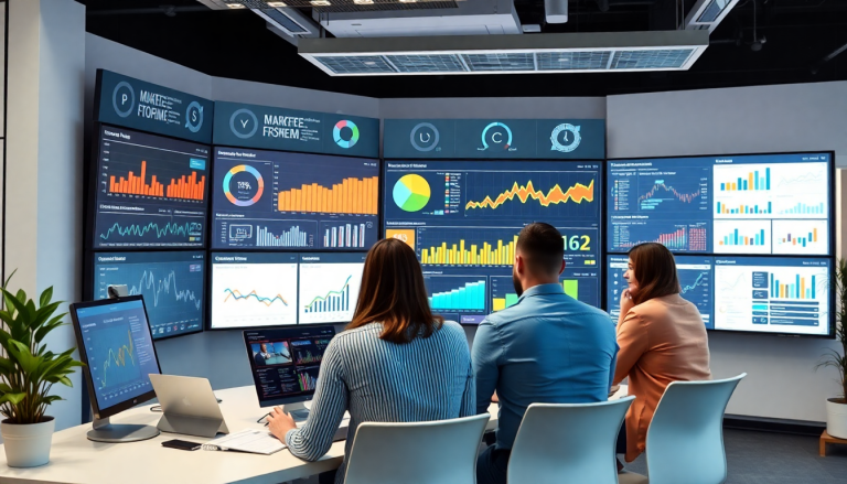 Collaborative team reviewing a marketing analytics dashboard on multiple screens for agency reporting automation, highlighting automated performance reports, client dashboard insights, and cross-channel analytics with a focus on digital marketing data visualization and performance marketing KPIs.