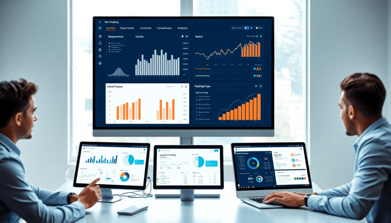 Marketing professionals using a marketing analytics dashboard on multiple screens, showcasing automated performance reports, cross-channel analytics, and agency reporting automation, ideal for client dashboard insights and digital marketing data visualization.