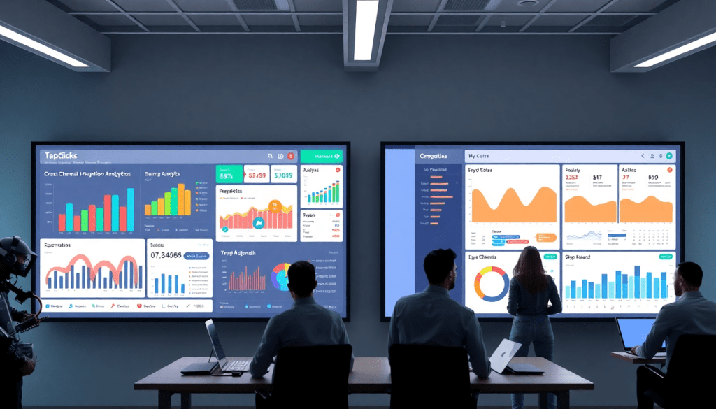 Collaboration in front of marketing analytics dashboards showcasing cross-channel analytics, automated performance reports, and performance marketing KPIs using a TapClicks reporting platform, ideal for agency reporting automation and client dashboard insights - a compelling Supermetrics alternative and Funnel.io comparison for digital marketing data visualization.