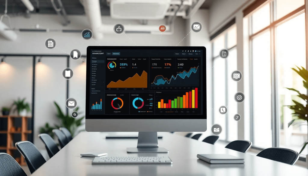 Marketing dashboard automation displaying marketing analytics dashboard, automated performance reports, and cross-channel analytics insights in a modern office setting.
