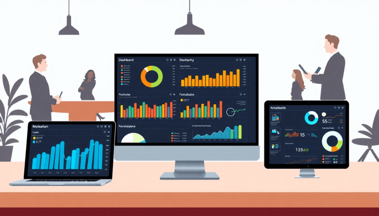 Workplace setting showcasing three devices with colorful graphs and charts for a NinjaCat alternative, highlighting reporting software for agencies, automated marketing reports, and client dashboard platform.