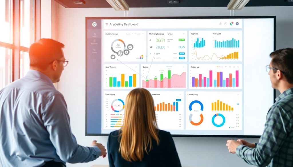 Professionals reviewing a marketing analytics dashboard with automated performance reports for agency reporting automation and client dashboard insights, highlighting cross-channel analytics and reporting automation for agencies, related to Supermetrics alternativemarketing analytics and Tapclicks reporting platform with digital marketing data visualization.
