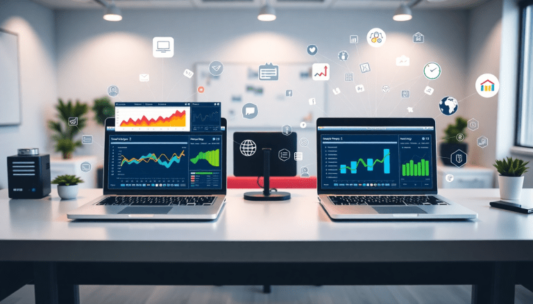 Best marketing reporting software showing marketing analytics dashboard with automated performance reports, agency reporting automation, client dashboard insights, cross-channel analytics on laptops.