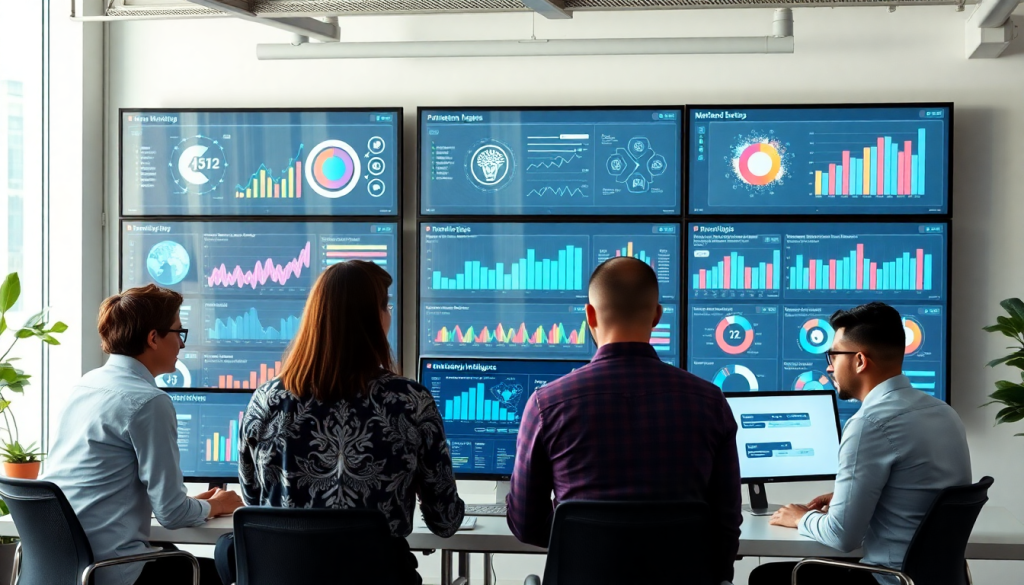 Marketing team evaluates AI data visualization tool for marketing teams with multiple dashboards showing automated marketing analytics, campaign performance insights, and cross-channel visualization on digital screens.
