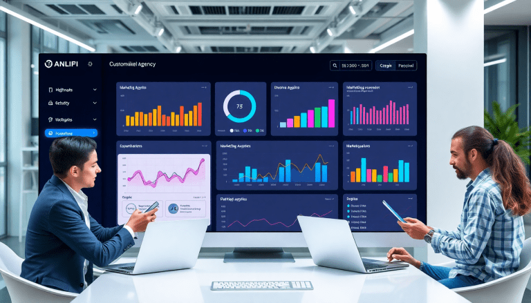 White-label marketing dashboard for agencies showcasing customizable client dashboards and branded analytics software with graphs and charts for performance tracking and cross-channel agency reporting.