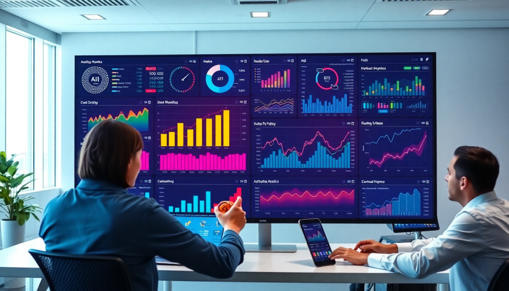 Two professionals analyzing data on a marketing dashboard automation system featuring AI-powered dashboard creation, real-time marketing analytics, and multi-channel data aggregation using TapClicks marketing dashboard software.