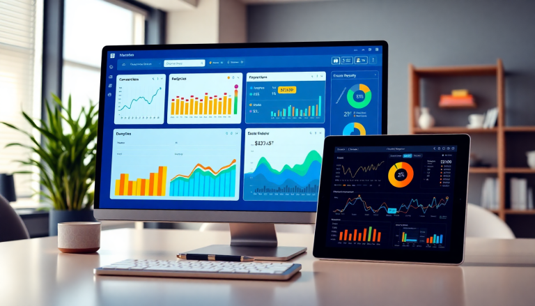 Digital marketing KPI dashboard displaying marketing metrics visualization, performance tracking, and cross-channel analytics on a computer and tablet screen.