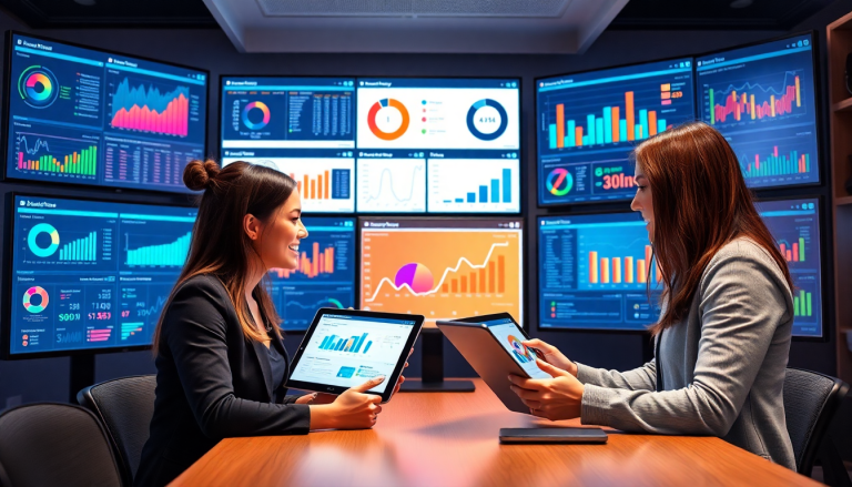 Digital marketing analysts discussing Funnel.io alternative with automated performance reports and cross-channel analytics on a marketing analytics dashboard.