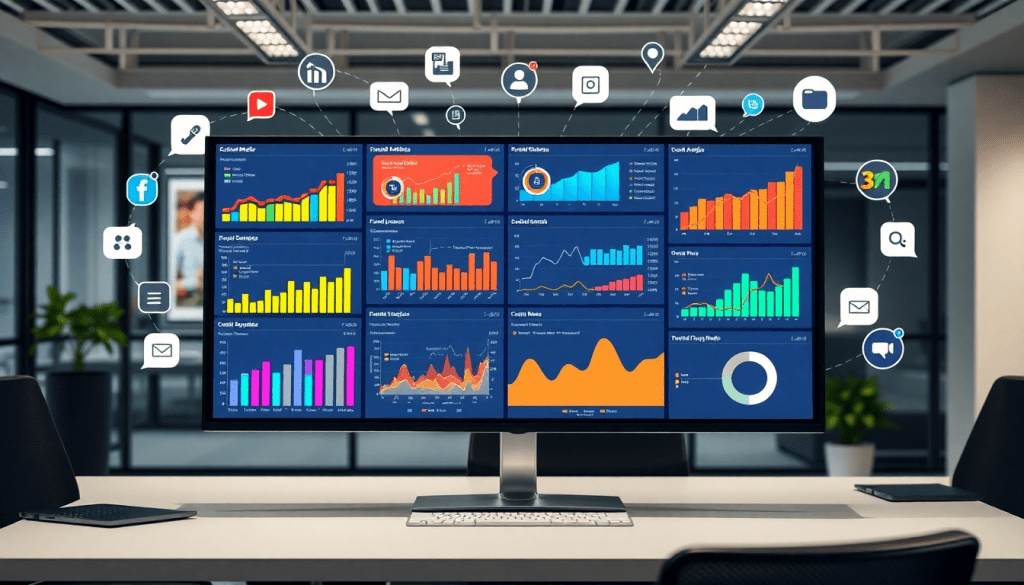 Multi-channel analytics dashboard displaying cross-channel marketing analytics, performance tracking, and marketing data aggregation for unified reporting and campaign performance visualization.