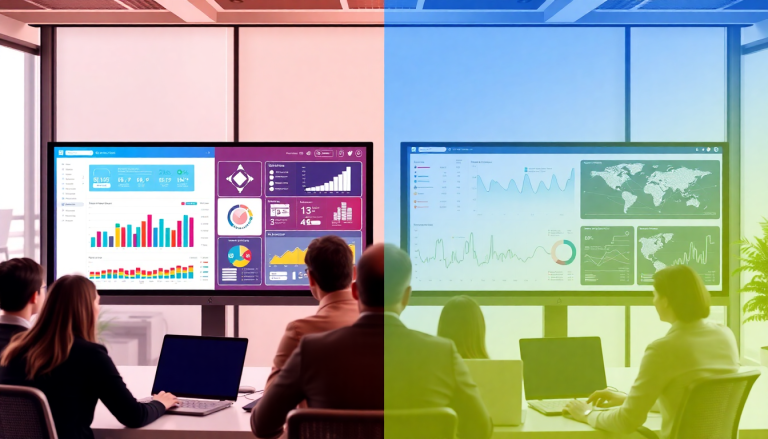 Office team reviewing the best marketing reporting software on dual dashboards, showcasing digital marketing analytics, cross-channel performance, and automated reports.