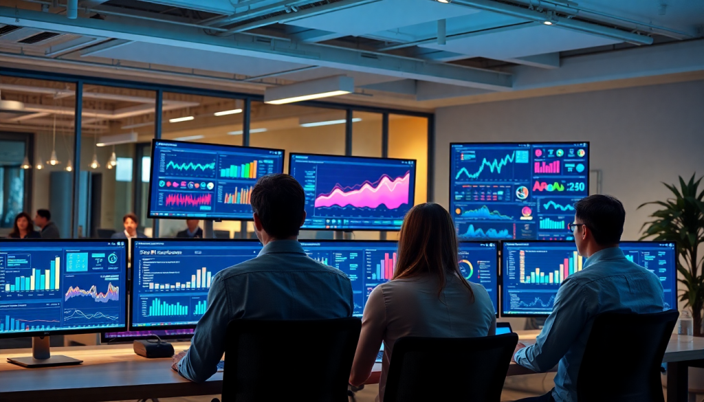 Marketing analysts reviewing a digital marketing analytics dashboard on multiple screens, showcasing automated performance reports and cross-channel analytics for agency reporting automation, a Funnel.io alternative.