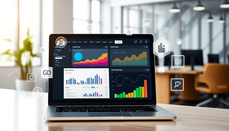 Laptop displaying AI-powered marketing dashboard automation with real-time analytics, multi-channel data aggregation, and report scheduling features in an office setting.