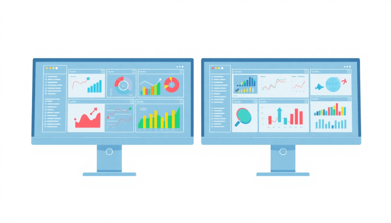 Best marketing reporting software with a marketing analytics dashboard, automated performance reports, and cross-channel analytics on dual monitors.