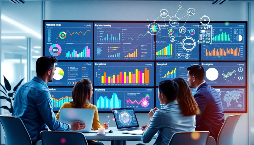 AI data visualization tool for marketing teams showcasing marketing analytics automation, automated dashboard creation, and cross-channel performance tracking on a large screen in a modern office setting.