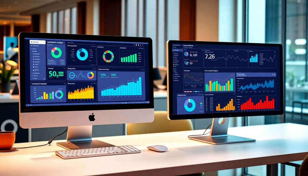 Marketing dashboard automation displaying marketing analytics, automated performance reports, digital marketing data visualization, and performance marketing KPIs on two monitors for agency reporting automation and cross-channel analytics comparison with TapClicks and Funnel.io platforms.