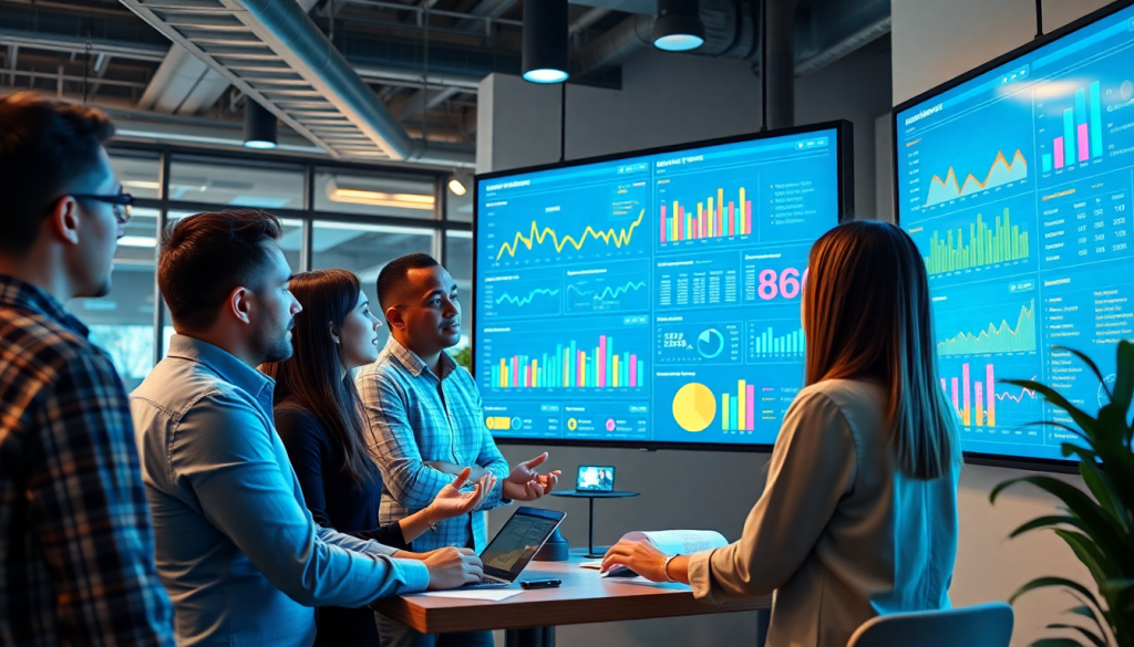 Team utilizing an AI data visualization tool for marketing teams with AI-powered dashboards displaying automated marketing analytics and real-time marketing metrics, enabling marketing data storytelling and cross-channel visualization for enhanced campaign performance insights.