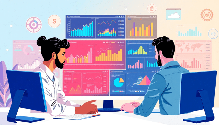 "Two marketers analyzing data on an AI-powered dashboard, showcasing an advanced AI data visualization tool for marketing teams with interactive reports, cross-channel visualization, and real-time marketing metrics insights."