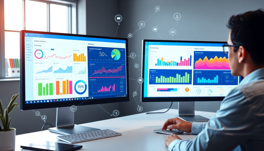 Marketing dashboard automation featuring digital marketing analytics, automated performance reports, and client dashboard insights on dual monitors.