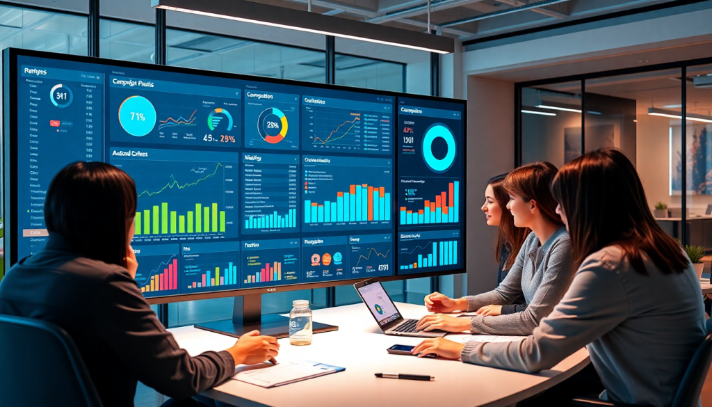 Marketing team using an AI data visualization tool for marketing analytics automation, featuring AI reporting assistant and automated dashboard creation for cross-channel performance tracking and client analytics automation.