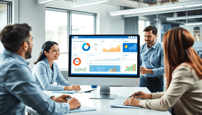 Meeting discussing a white-label marketing dashboard for agencies displaying customizable client dashboards and automated data visualization.
