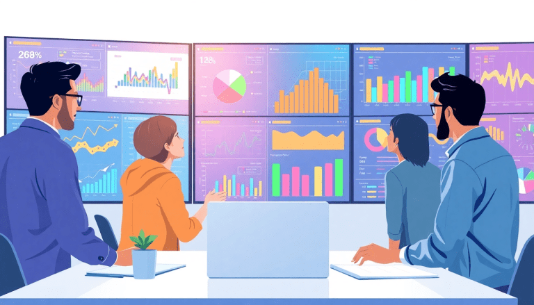 Collaborative team using an AI data visualization tool for marketing teams, featuring AI-powered dashboards and interactive data reports to generate automated marketing analytics and real-time marketing metrics for campaign performance insights.