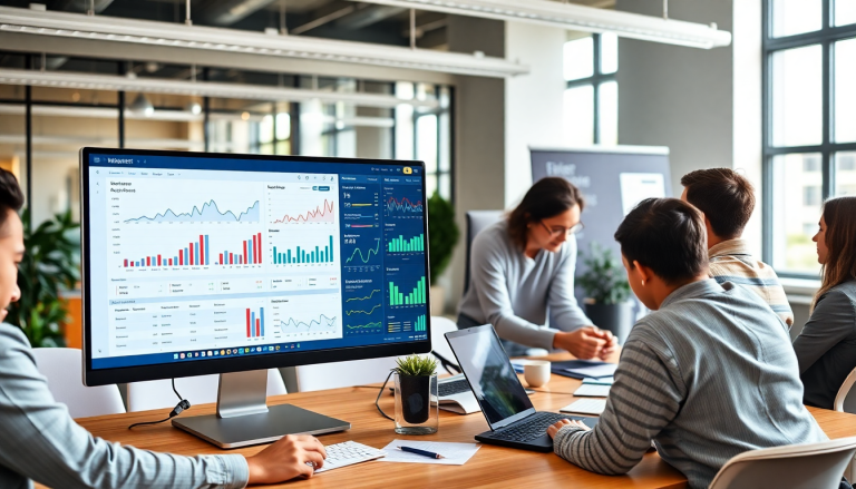 Team analyzing marketing analytics dashboard for automated performance reports and agency reporting automation, using cross-channel analytics and client dashboard insights as a Funnel.io alternative to optimize digital marketing data visualization and performance marketing KPIs.