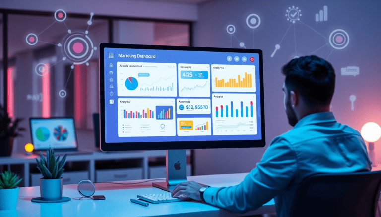 Automated KPI reporting dashboard with real-time performance analytics, displaying marketing metrics and AI-driven campaign insights on a computer screen in an office setting.