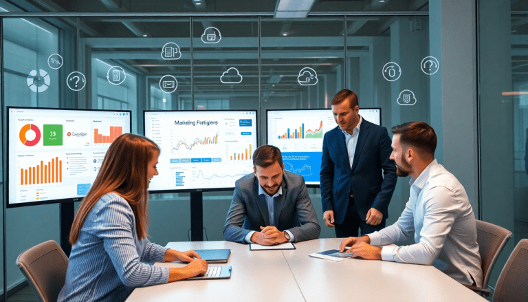 Team discussing campaign performance with cross-channel reporting tools and white-label analytics software on a client dashboard platform, showcasing NinjaCat alternatives for agency reporting automation.