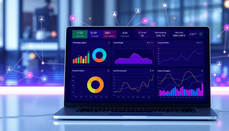 Multi-channel analytics dashboard displaying cross-channel marketing analytics, performance tracking, and campaign performance visualization on a laptop screen for ROI tracking and marketing data aggregation.