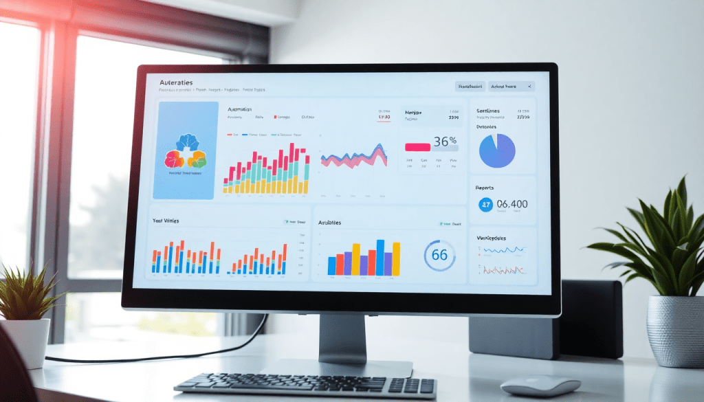 Automated KPI reporting dashboard displaying real-time performance metrics and AI analytics for digital marketing insights.