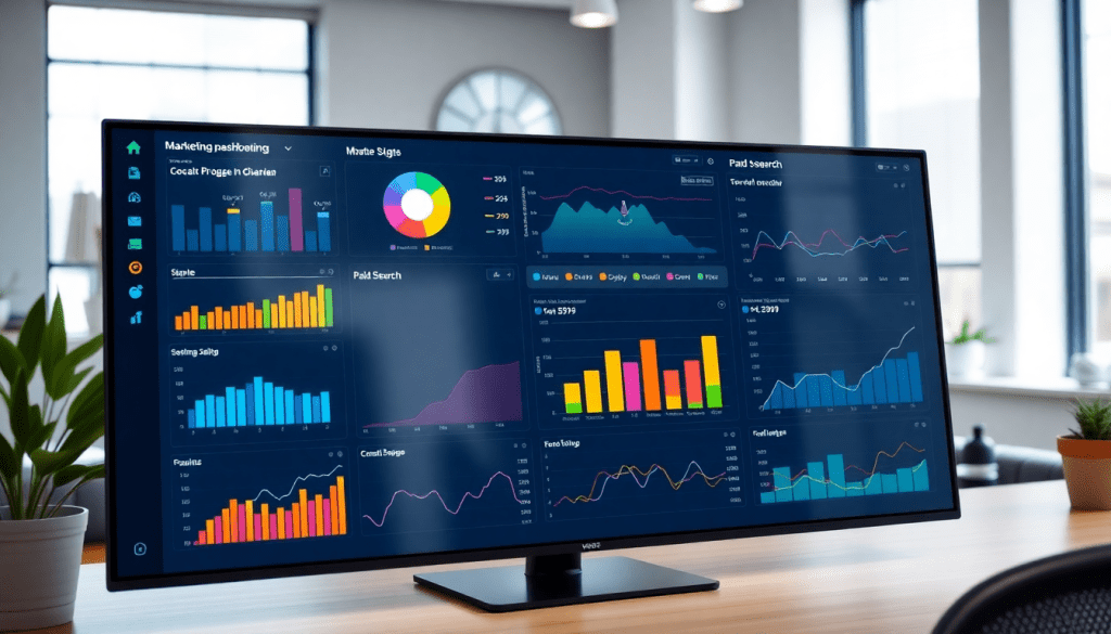 Multi-channel analytics dashboard displaying cross-channel marketing analytics, performance tracking, marketing data aggregation, unified reporting, campaign performance visualization, ROI tracking, and automated marketing insights.