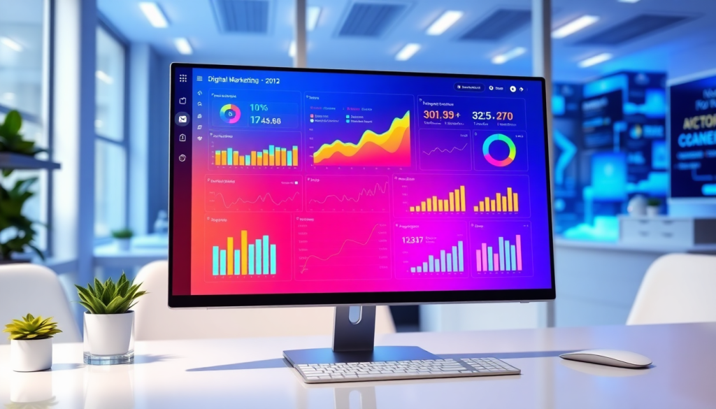 Digital marketing KPI dashboard showcasing marketing metrics visualization, performance tracking, campaign KPI monitoring, and cross-channel analytics insights.