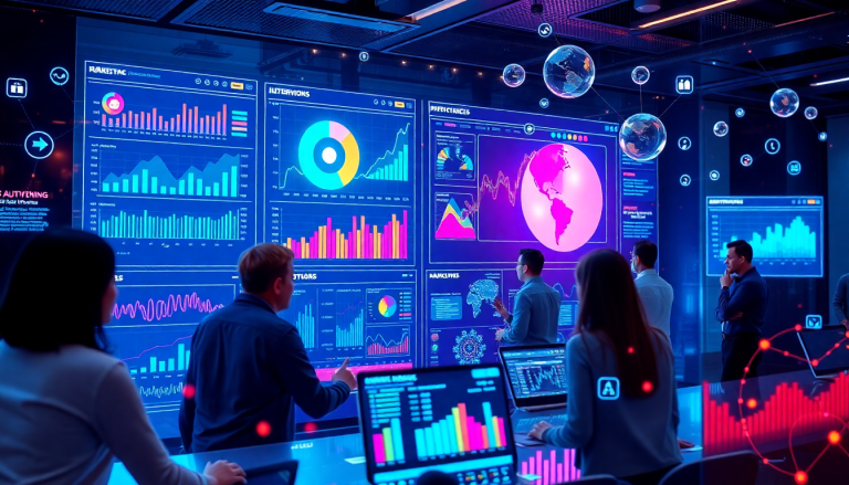 AI data visualization tool for marketing teams showcasing AI-powered dashboards, cross-channel visualization, campaign performance insights, and interactive data reports in a digital performance dashboard.