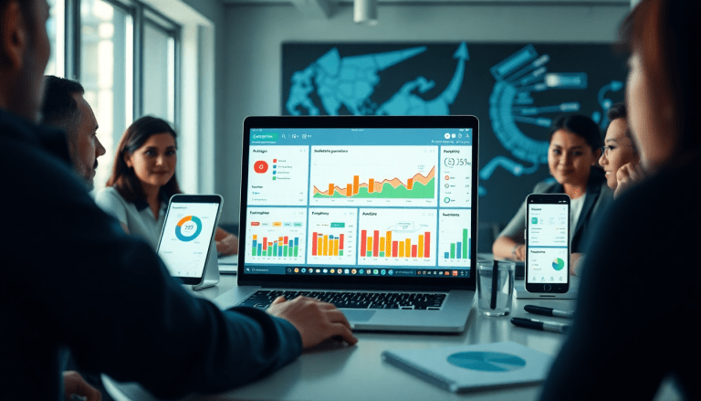 Team reviewing a marketing analytics dashboard on a laptop, featuring automated performance reports and cross-channel analytics for agency reporting automation, comparing platforms like Supermetrics alternative and funnel.io.