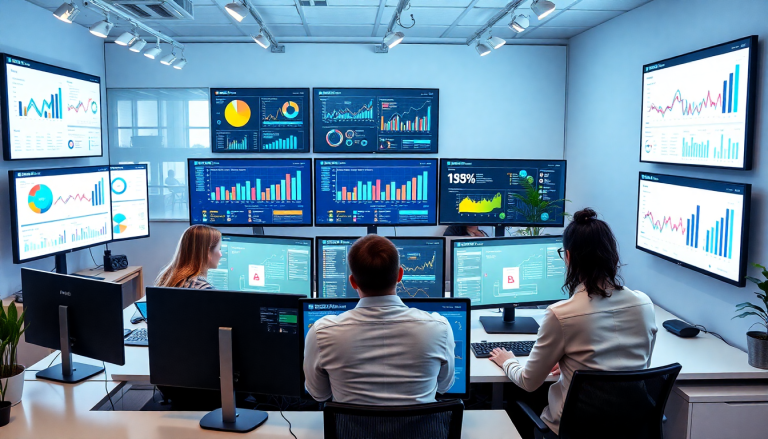 "Team analyzing data on multiple screens for cross-channel reporting, showcasing a NinjaCat alternative best suited for reporting software for agencies and automated marketing reports."