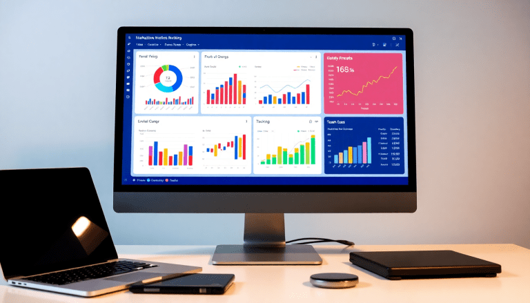 Digital marketing KPI dashboard on a computer screen displaying marketing metrics visualization, performance tracking dashboard, campaign KPI monitoring, and cross-channel analytics.