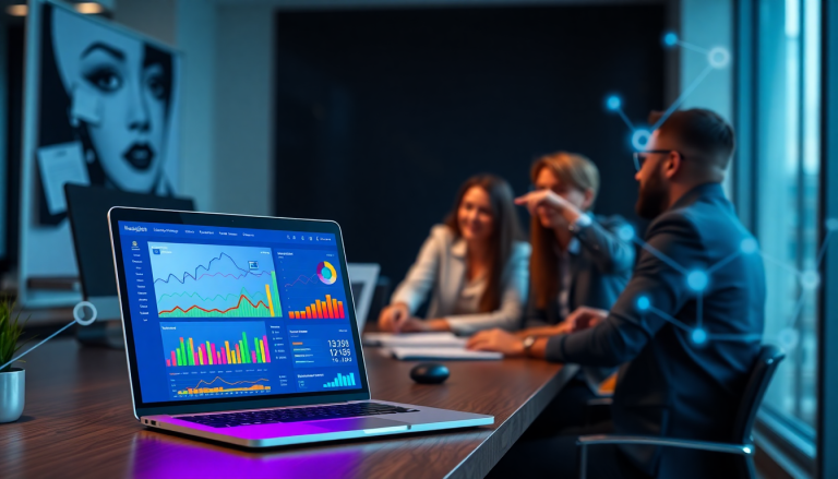 AI data visualization tool for marketing teams displayed on a laptop screen in a meeting room, showcasing AI-powered dashboards, cross-channel visualization, and interactive data reports for automated marketing analytics and real-time marketing metrics analysis.