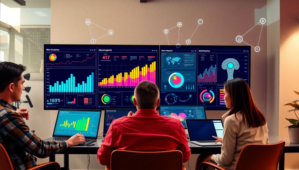 AI data visualization tool for marketing teams displaying marketing analytics automation, AI reporting assistant, automated dashboard creation, cross-channel performance tracking, and client analytics automation on multiple screens.
