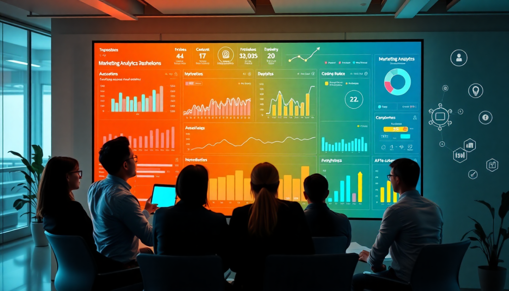 A marketing team analyzing data with an AI data visualization tool for marketing intelligence automation, featuring cross-channel performance tracking, client analytics automation, and an ROI tracking dashboard on the TapClicks AI platform.