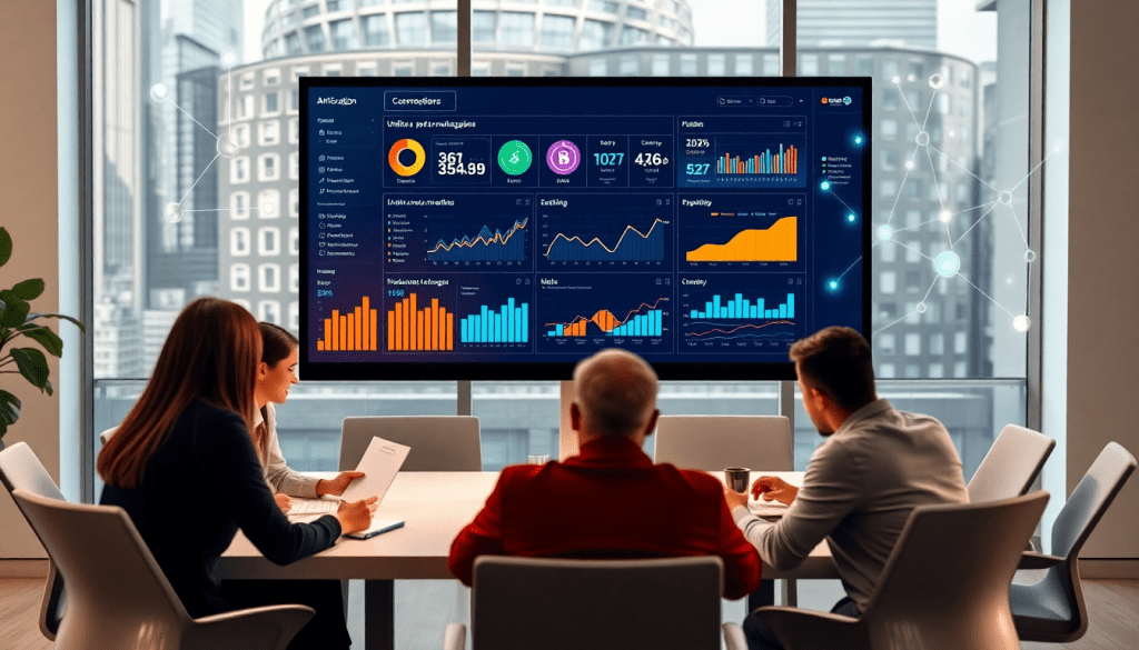 AI data visualization tool for marketing teams displayed on a large screen in a meeting room, showcasing automated marketing analytics, AI-powered dashboards, and interactive data reports for campaign performance insights.
