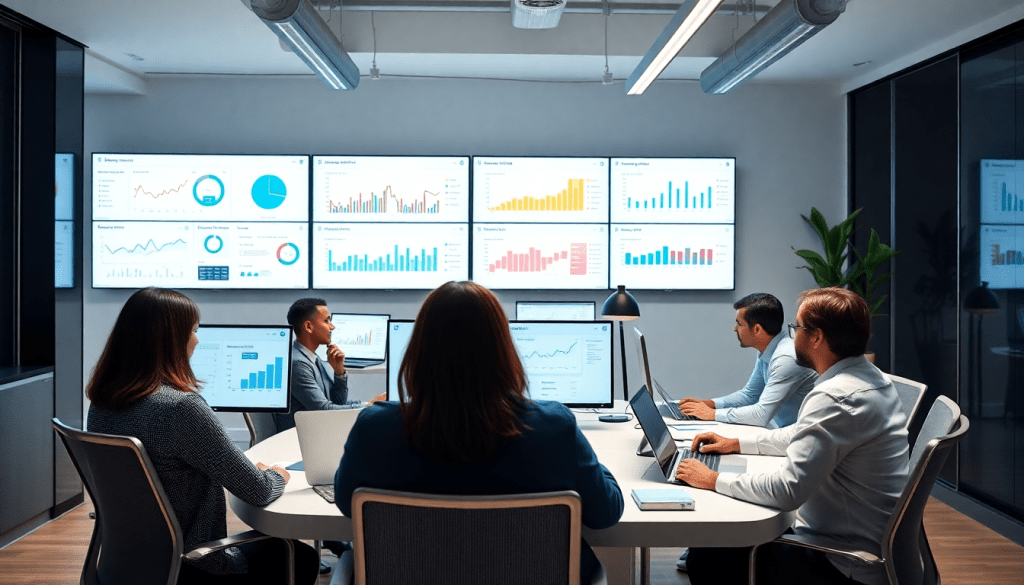 "Business meeting in a modern office using laptops for agency reporting automation and cross-channel reporting, showcasing NinjaCat alternative software for campaign performance tracking and white-label analytics."