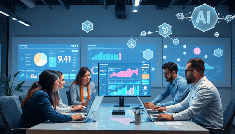 AI data visualization tool for marketing teams displaying marketing analytics automation, automated dashboard creation, and cross-channel performance tracking in a modern office setting.