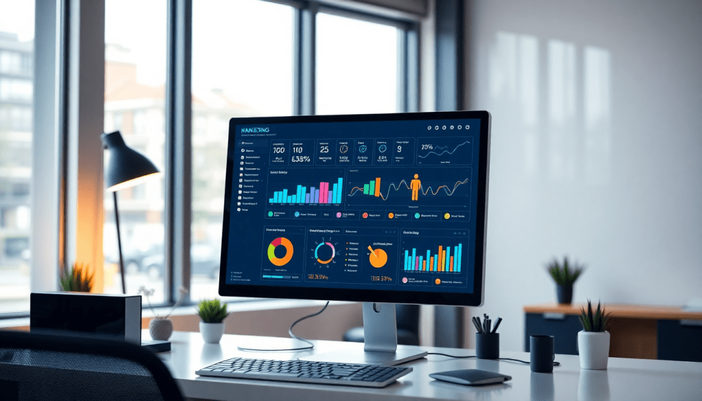 Best marketing reporting software displaying a marketing analytics dashboard with automated performance reports and cross-channel analytics in a modern office setting.