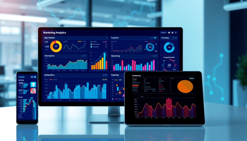 Automated KPI reporting dashboard featuring marketing analytics automation and AI reporting assistant on multiple devices, showcasing cross-channel performance tracking, client analytics automation, and marketing data visualization for ROI tracking with the TapClicks AI platform.