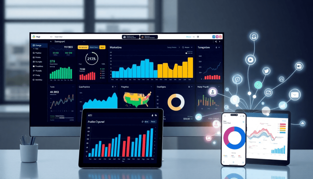 AI-powered TapClicks marketing dashboard showcasing automated reporting workflows, real-time marketing analytics, and multi-channel data aggregation on multiple devices.
